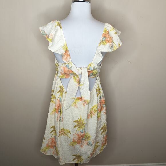 American Eagle Floral Dress Tie Back Pockets Cream Peach Crinkle - Picture 6 of 8
